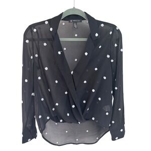 INC International Concepts Black Sheer Pom Pom Polka Dot Faux Wrap Blouse PS